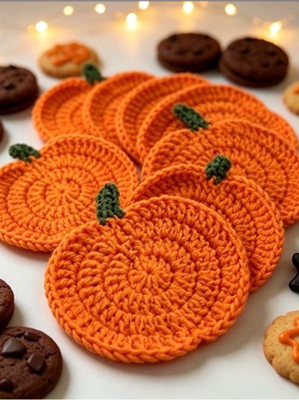 Handmade Orange Crochet Pumpkin Coasters with Green Stems